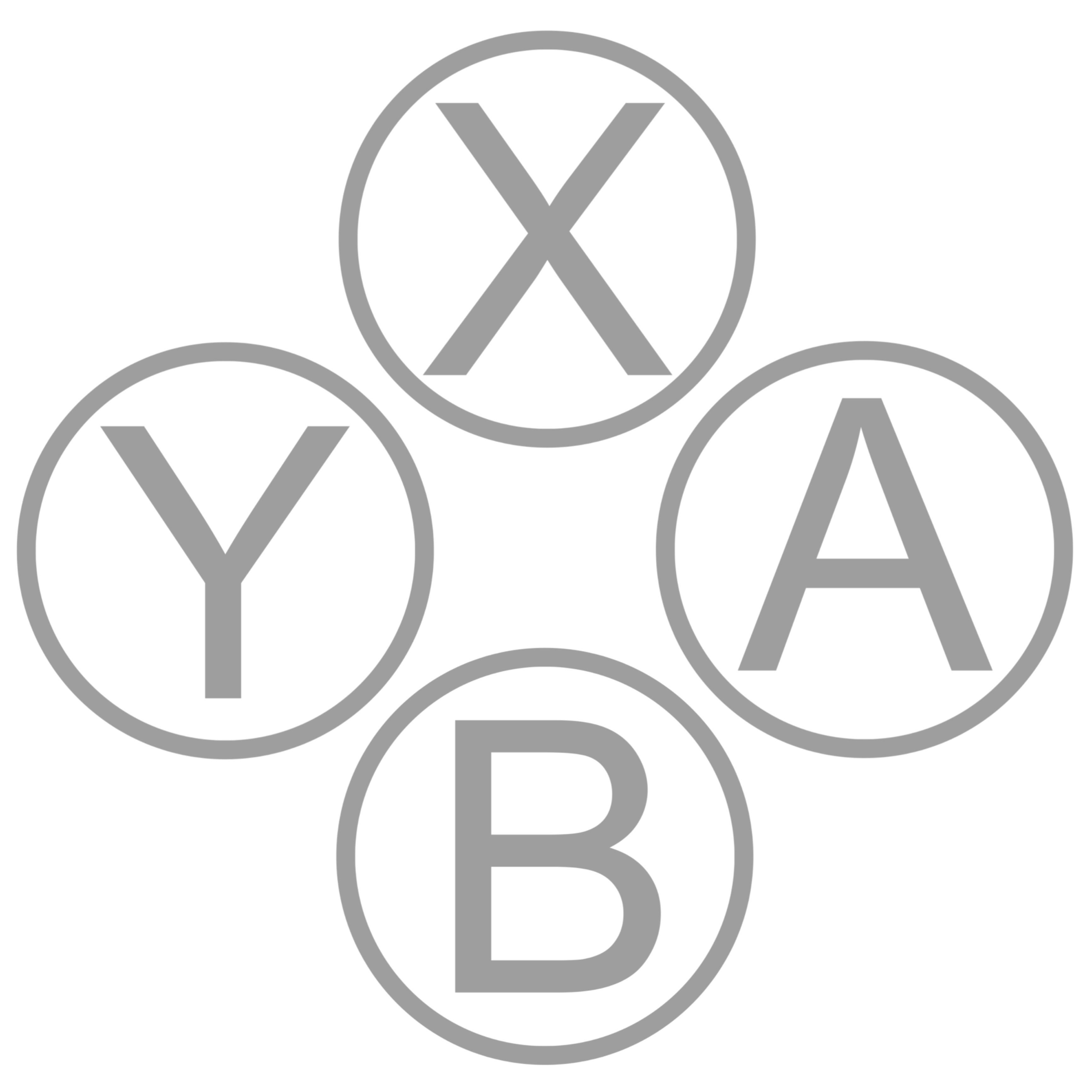 4 white circles outlined in grey. the top circle has a grey X, the bottom circle has a grey B, the left circle has a grey Y, and the right circle has a grey A 